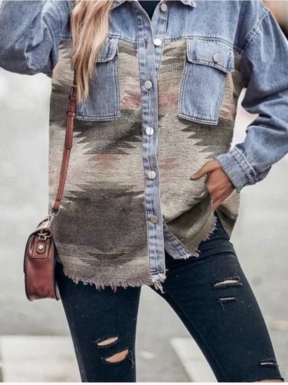 Boho Denim Patchwork Shacket - Neutral Aztec Panels